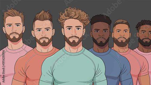 Men in colorful shirts stand in a row with serious expressions showing diversity and unity in style