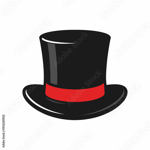 A classic black top hat with a red band around the base, isolated on a white background, symbolizing elegance and sophistication.