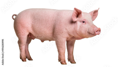 Fotografia Isolated young pink domestic pig, healthy farm animal, standing in a clean side