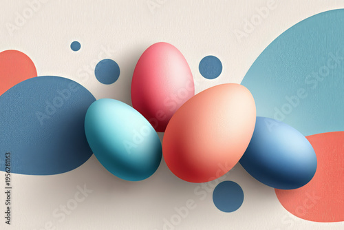 Modern Easter composition with colorful pastel eggs arranged in minimal geometric style on textured background