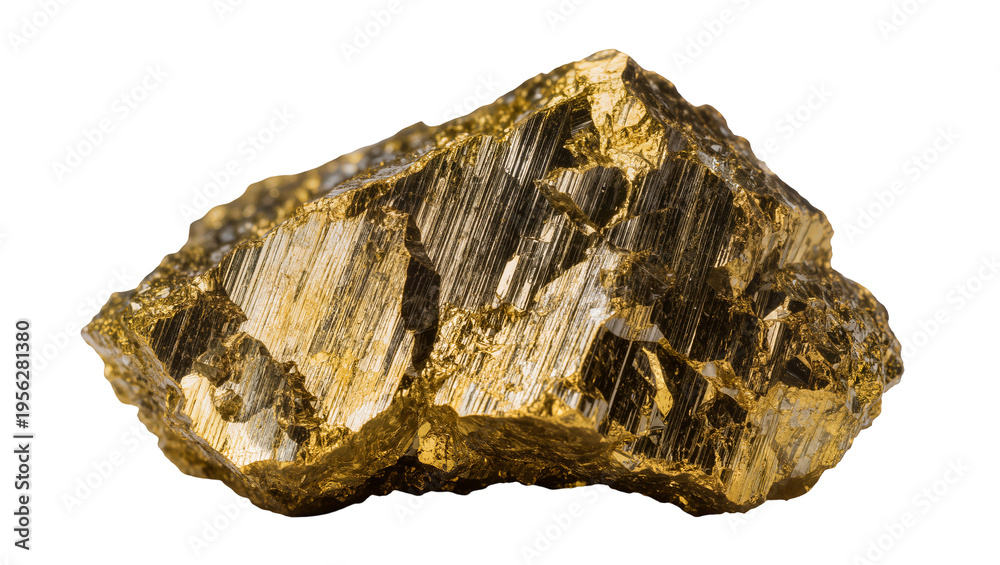 Fototapeta premium Isolated rough golden metallic pyrite mineral piece with natural texture and shimmering surface