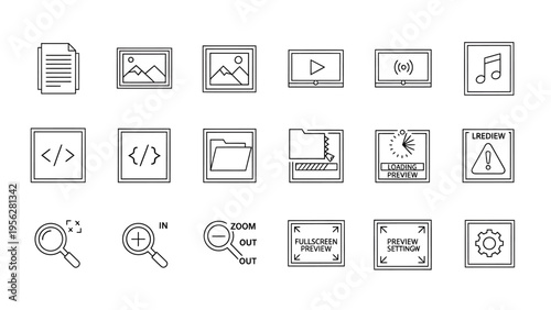 Minimalist outline vector icons for digital user interfaces, including file management, media playback, search, and view options, ideal for web and app design projects