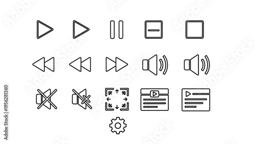 Set of media player control icons for play, pause, stop, skip, volume, mute, fullscreen, and settings