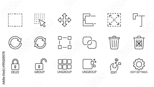 Collection of essential graphic design and editing icons including selection tools, rotation, resizing, grouping, deletion, and settings management