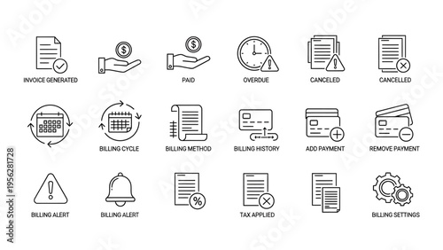 Financial Management Icons Invoice, Payment, Billing Cycle, and Credit Card Icons for Business and Technology Applications