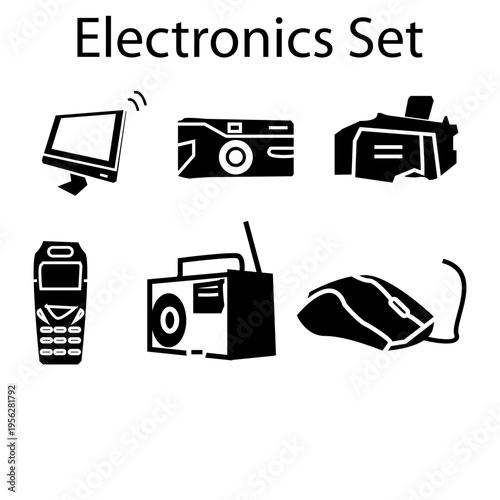 set of icons electronic set likes computer,camera,printer,phone,radio and mouse computer gaming.  Solid glyph style black icon vector collection set as references.