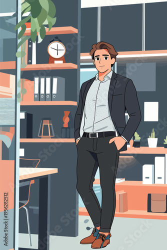 Businessman stands confidently in an office with shelves of documents and plants during a workday