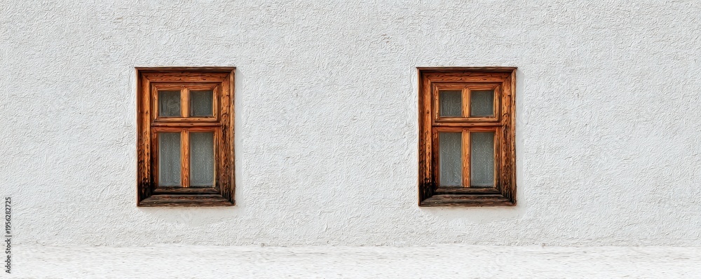 Obraz premium Two rustic wooden framed set into heavily textured white stucco exterior wall