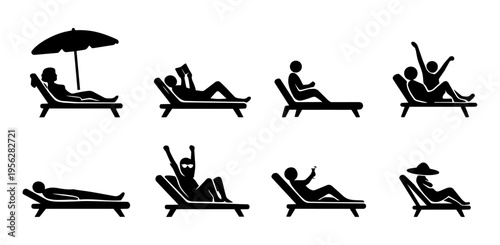 Sun Lounger Lifestyle Silhouette Set, People Relaxing, Beach Vacation, Poolside Leisure, Summer Holiday Icons