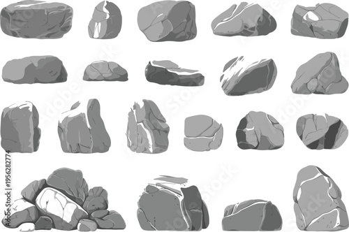 Stone Collection Illustration: A curated illustration presents a varied assortment of stones, each meticulously rendered to showcase unique shapes, sizes, and surface textures. 