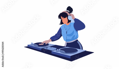 Young Woman DJ Performing Music Mixing at Turntable Night Club Vector Art