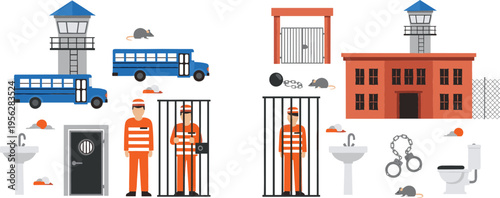 Prison Elements Set with Jail Building Guards Prisoners Cells Handcuffs Bus and Security Objects Flat Vector Illustration Collection