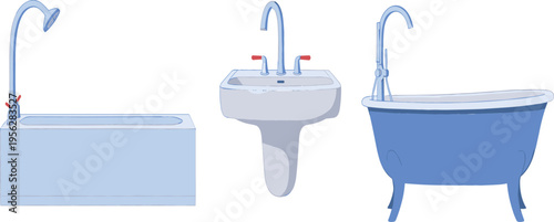 Bathroom Fixtures Set with Bathtub Sink and Faucet Modern Sanitary Equipment Flat Vector Illustration Collection for Home Interior Plumbing Design