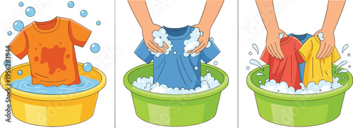 Hand Washing Clothes Process Set with Soaking Scrubbing and Rinsing Laundry Steps in Basin Flat Vector Illustration Collection for Hygiene and Cleaning Concept