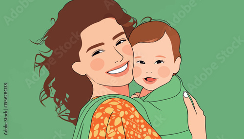 Woman holds baby and smiles while wearing bright clothes on a green background during daytime