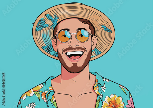 Man smiles while wearing sunglasses and a straw hat with a bright blue background during a sunny day