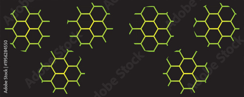 Modern abstract background featuring a vibrant yellow and green lime hexagonal honeycomb grid over a solid black backdrop. illustration eps10