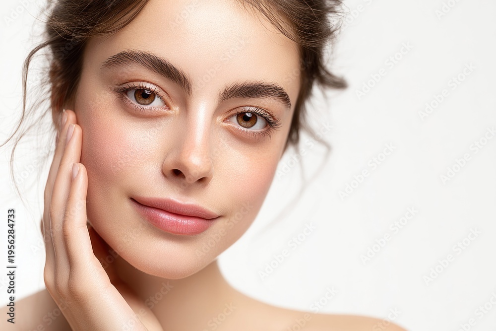 Fototapeta premium Close-up portrait of a young woman with flawless skin and gentle touch on her cheek
