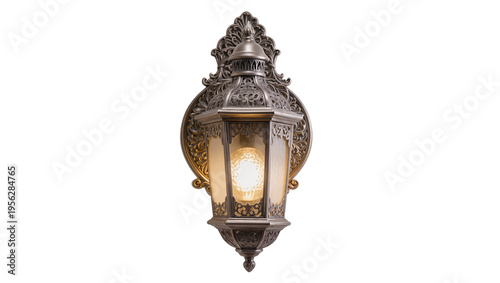 Photos Isolated elegant decorative outdoor wall lamp sconce with intricate bronze desig