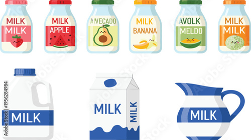 Milk and Flavored Dairy Drinks Collection Featuring Bottles Carton Jug with Strawberry Banana Avocado and Melon Flavors Vector Set