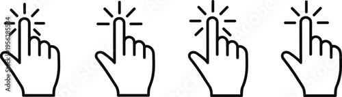Four black silhouette icons of hand with index finger touching point, digital interaction, touchscreen click tap select communication vector artwork