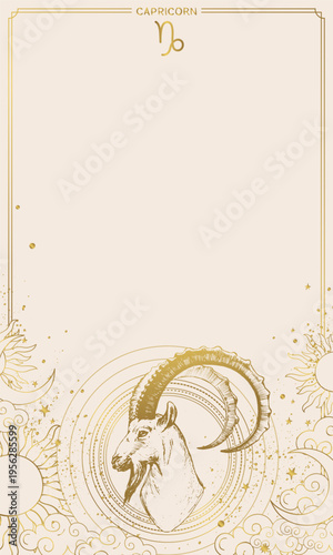 Capricorn zodiac sign, vintage beige horoscope background with gold engraving, hand-drawn astrological symbol, modern card with copy space for text. Mystical vector illustration.
