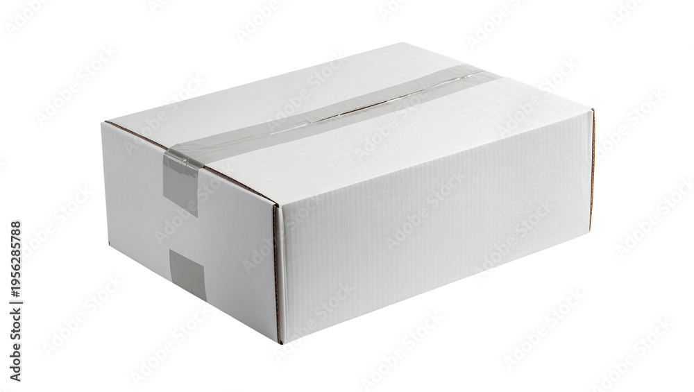 Naklejka premium Isolated white cardboard box ready for shipping or storage, sealed with gray duct tape