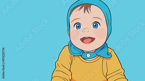Happy baby with blue eyes and a blue headscarf sitting against a plain blue background