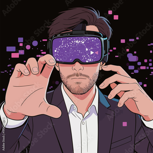 Person using virtual reality headset and interacting with digital space at night