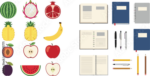 School Supplies and Fresh Fruit Collection Featuring Notebooks Pens Pencils and Healthy Fruits Set for Education and Nutrition Design Elements