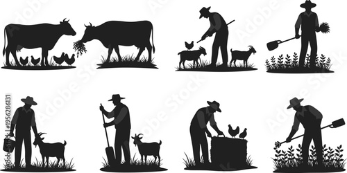 Farmers with livestock silhouettes, rural agriculture activities, cow goat chicken farming, traditional farm life, shovel crops hay feeding, black white vector illustration, CAD drawing
