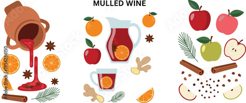 Mulled Wine Ingredients and Preparation Set Featuring Apples Oranges Cinnamon Ginger Spices Hot Drink Elements for Winter Holiday Beverage Design
