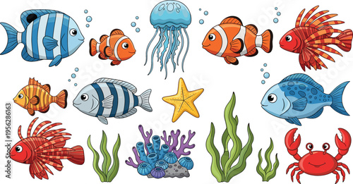 Cute Underwater Sea Creatures Set Featuring Colorful Fish Jellyfish Crab Starfish Coral and Ocean Plants Cartoon Marine Life Collection