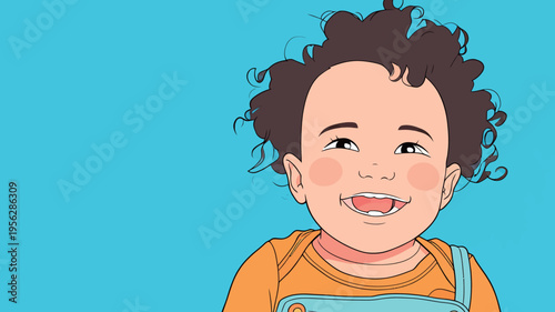Smiling baby with curly hair in simple clothing against solid blue background