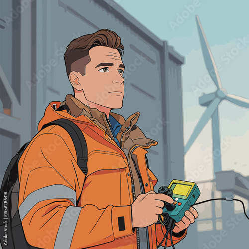 Man in orange jacket holds equipment near wind turbines at an energy site during the day
