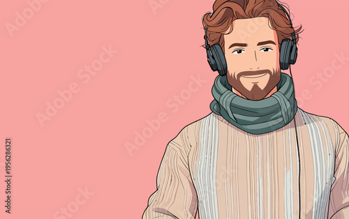 Man with headphones and scarf smiles against a pink background while enjoying music at home in winter