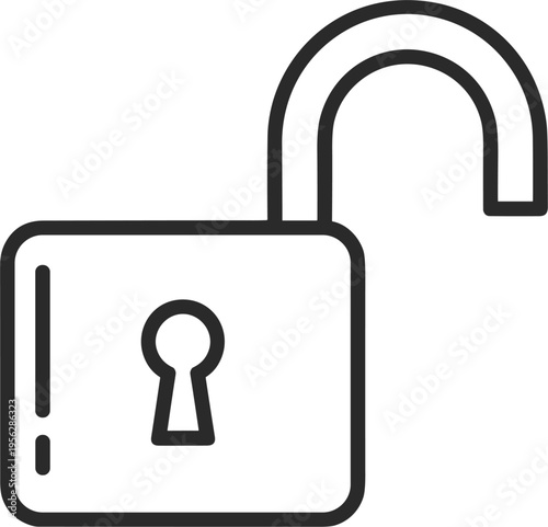 Open padlock silhouette icon, unlocked security symbol, access keyhole vector, privacy protection, digital interface lock, black white CAD drawing flat vector illustration