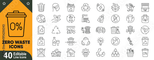 Zero waste line icons set. Eco sustainability, recycling, reusable and green lifestyle editable stroke vector collection.