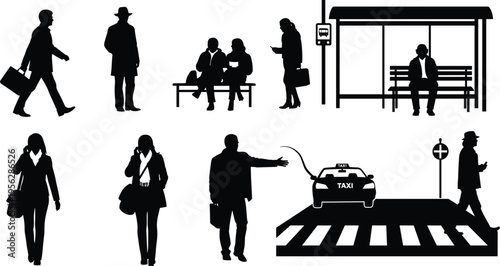 Urban city life silhouettes, people commuting, walking with briefcase, mobile phone usage, taxi hailing, bus stop waiting, black white vector illustration, CAD drawing flat vector illustration