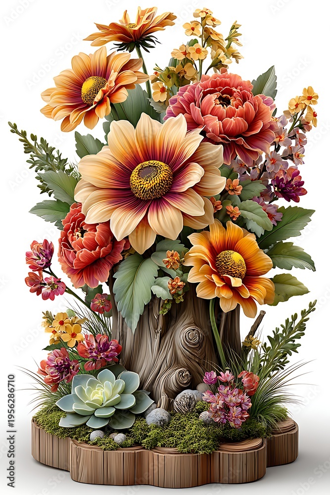 Obraz premium Decorative floral arrangement on rustic stump high resolution picture
