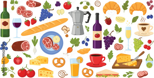 European Food and Drink Icon Set Featuring Wine Bread Cheese Meat Fruits Coffee Croissant and Traditional Culinary Elements Collection
