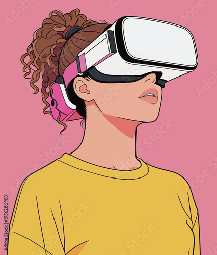 Woman uses virtual reality headset with a pink background while exploring digital worlds and experiences in a modern setting