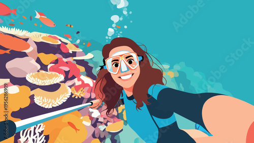 Diving in a coral reef while taking a selfie with colorful fish and coral in clear water during bright daylight