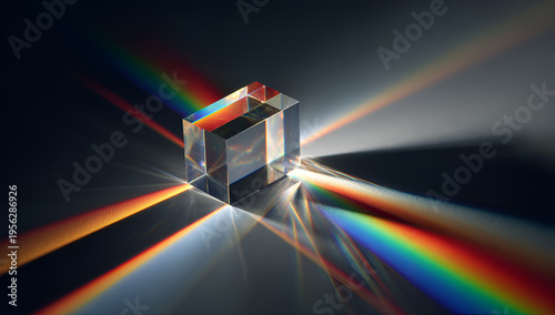 A transparent cube refracts light, creating a spectrum of colors on a dark surface. The light beams emanate outwards