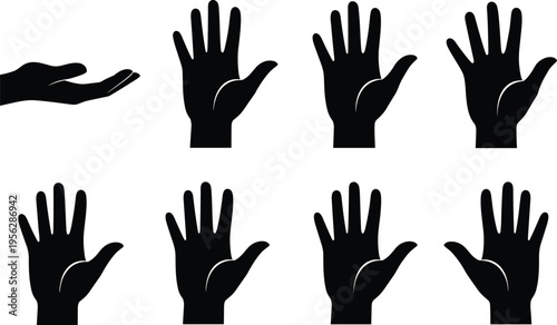 Eight black silhouette hand gesture icons including palm up offering, raised waving hands, communication symbol, counting gesture, vector illustration artwork