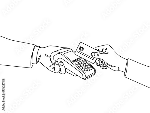 A minimalist single line illustration depicting a customer paying with a credit card at a point of sale machine, representing modern commerce and retail transactions.