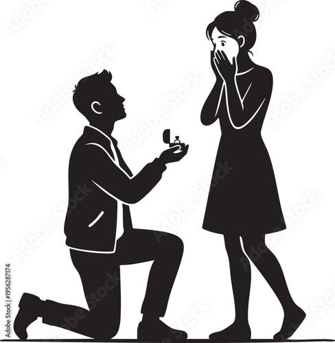 A man kneeling down to propose marriage to a surprised woman holding her hands to her happy face isolated on transparent background, Vector
