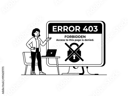 A black and white vector illustration of a woman facing a 403 Forbidden error message on a computer screen, representing restricted access and website connectivity issues.