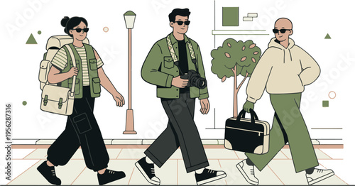 Travelers and Photographer Walking with Backpacks Green Illustration	