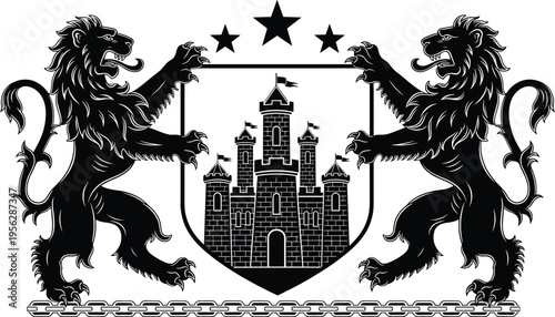 Heraldic lion crest with castle shield, medieval emblem illustration, royal coat of arms design isolated for vintage insignia and noble identity branding